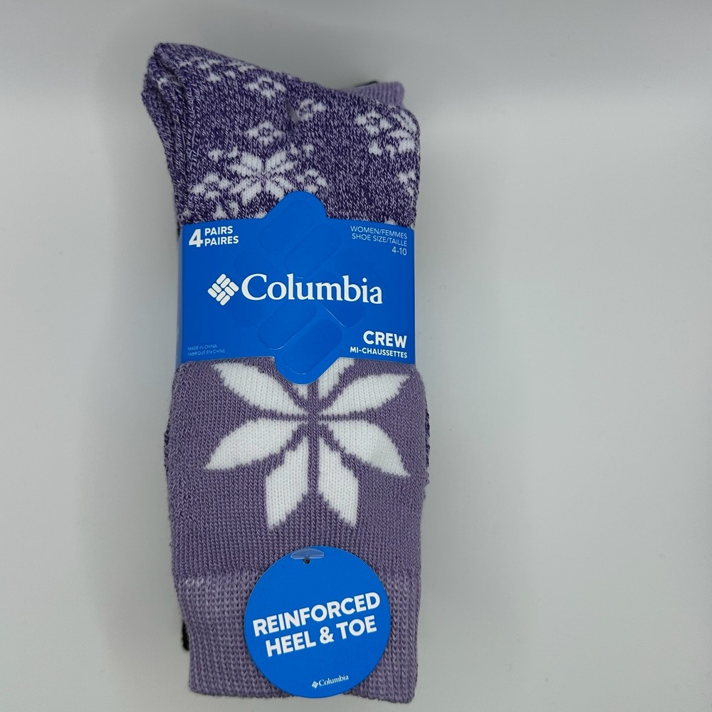 Columbia Crew Socks Women 4-10 Purple Black 4-Pack NWT Snowflake Reinforced